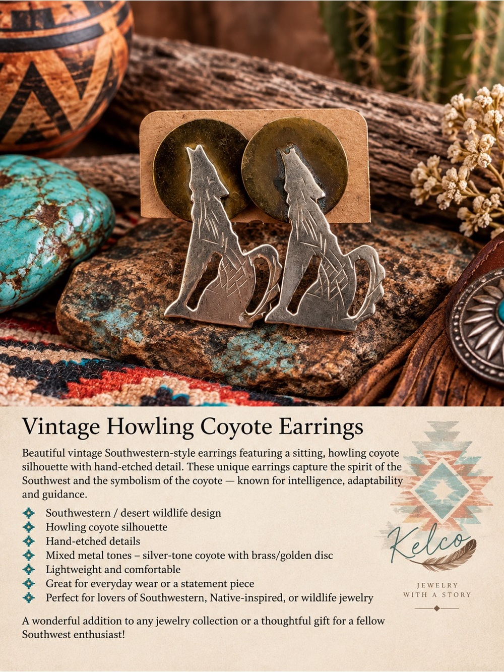 Southwest Howling Coyote Earrings 🐺🌵